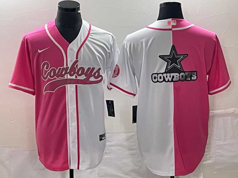 Men%27s Dallas Cowboys Pink White Split Team Big Logo Cool Base Stitched Baseball Jersey